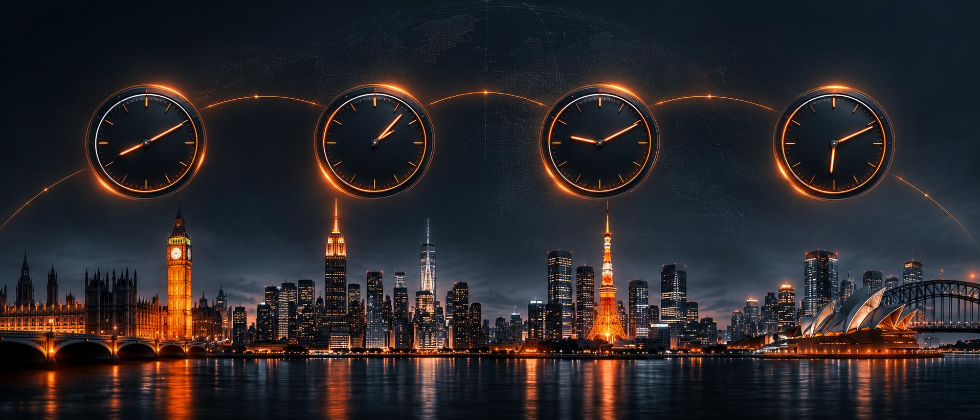Four clocks showing london new york tokyo and sydney trading session times above a city skyline
